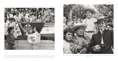 A two-page book spread titled BULLFIGHTERS, featuring two black and white photos of Pablo Picasso at corridas in France. On the left, from 1954, Picasso leans from the stands to congratulate bullfighter Pepe Luis Marca, who holds a large ceramic plate prize. On the right, a 1957 photo shows a smiling Picasso with his children, Paloma and Claude, and French lady bullfighter Pierrette Le Bourdiec.