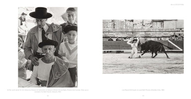 A black and white two-page book spread titled BULLFIGHTERS. On the left, a photo from 1955 shows Pablo Picasso sitting with a cigarette while Jean Cocteau and two boys stand behind him, all dressed up for a bullfight. On the right, a 1960 photo shows bullfighter Luis Miguel Dominguín on his knees in a ring as a bull charges him.