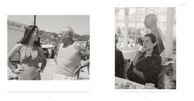 A two-page book spread in black and white showing two photographs of Pablo Picasso and Françoise Gilot in 1954. On the left, the couple stands on a beach, smiling at each other. On the right, they are at a restaurant, both looking off-camera with pensive expressions.