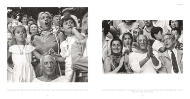 A two-page book spread with black and white photographs of Pablo Picasso and his family at a bullfight in Vallauris, 1955. On the left page, Picasso's children have their hands on his head as they all watch with intense expressions. On the right page, Picasso smiles and claps in the grandstand, seated between Jacqueline and Jean Cocteau.