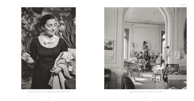 A two-page book spread in black and white. On the left, a photo shows Jacqueline Picasso in 1956, smiling as she wears a chunky, white ceramic necklace designed by Picasso. On the right, a wide shot shows the interior of Picasso's art studio in Cannes, filled with his paintings and sculptures, with Jacqueline seated amidst the creative clutter.