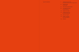 An open book with a minimalist design against a vibrant reddish-orange background. The left page is blank, while the right page shows the Table of Contents in a simple, dark sans-serif font, listing chapter titles, authors, and their corresponding page numbers.
