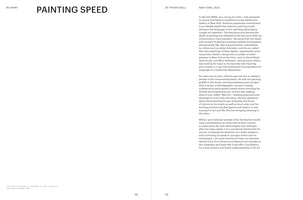 A two-page spread from a book or magazine with a minimalist layout. The left page, numbered 58, features the large, bold title PAINTING SPEED at the top, with the rest of the page being white space. The right page, numbered 59, contains the text of an essay by Tiffany Bell, dated New York, 2023.