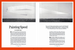 A two-page magazine spread for an article titled Painting Speed by Tiffany Bell. The top of both pages features photos of a large, white, minimalist artwork with sharp geometric angles, creating a sense of motion. The shaped canvas is mounted on a white wall above a dark wooden floor. The article text is laid out in columns below the images on pages 60 and 61.