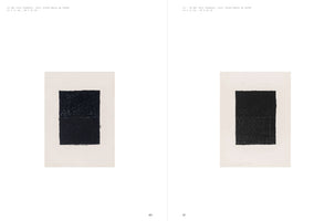 A two-page spread from an art book, pages 80 and 81, displaying two similar abstract artworks. Each page shows a heavily textured, black, vertical rectangle on an off-white paper background. The artwork on the left is divided by a horizontal line, while the one on the right has a faint grid pattern. Above each image is text detailing the work's title, date, and medium.