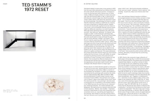 A two-page magazine spread for an essay titled Ted Stamm's 1972 Reset by Jeffrey Saletnik. The left page has two images: a black and white photo of a minimalist geometric installation, and a smaller photo of a pile of paper string tags. The right page consists of two columns of text.