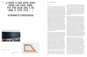 A two-page spread from a book about artist Ted Stamm. The left page, titled STAMM'S LANGUAGE, shows two images of artwork: a long, horizontal black painting and the back of a small, shaped canvas. The right page contains the beginning of an essay by Christine Mehring.