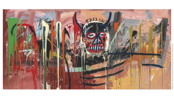 A wide, neo-expressionist painting by Jean-Michel Basquiat, titled Untitled (Devil). The chaotic composition features a large, black, horned head with wide white eyes and bared teeth at the center. The background is a frenetic mix of red, pink, and orange brushstrokes, overlaid with vertical drips of green, yellow, and black paint, creating a raw and energetic scene.