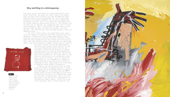 A two-page spread from an art book. The left page features German text and a small inset image of a red shirt with a line drawing labeled Cassius Clay. The right page shows Jean-Michel Basquiat's large, abstract painting, Boy and Dog in a Johnnypump, with energetic black, red, and white figures against a vibrant yellow background.