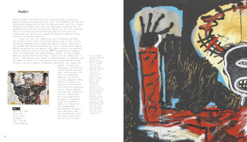 An open page from an art book about Jean-Michel Basquiat. The left side features German text and a small image of his painting Untitled, 1982. The right side shows a large, vibrant detail of his painting Profit I, depicting a neo-expressionist figure with a red torso and a raised black hand against a dark, scribbled background.