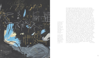 A two-page spread in an art book. The left page features a neo-expressionist painting by Jean-Michel Basquiat on a black background. The canvas is covered with energetic white, gold, and light blue scribbles, grids, numbers, and abstract shapes. The right page contains a column of German text analyzing the artwork.