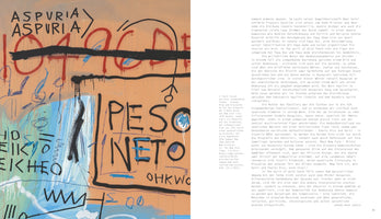A page from an art book, with a neo-expressionist painting on the left and a column of German text on the right. The painting has a peach-colored background with patches of blue and is covered in scrawled text, including ASPURIA and PESO NETO. A thick, black horizontal line crosses the upper half over a crudely drawn face.