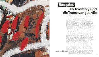 A two-page spread from an art book. The left page shows a close-up of an abstract, neo-expressionist painting with thick, energetic brushstrokes in red, white, brown, and black. The right page has a block of text in German, with the large, bold title: Basquiat, Cy Twombly und die Transavanguardia.