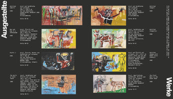 A page from a German art catalog on a dark grey background, displaying eight neo-expressionist paintings by Jean-Michel Basquiat from 1982. The artworks are arranged in two columns of thumbnails, each with accompanying German text. The words Ausgestellte and Werke are printed vertically on the left and right sides, respectively.