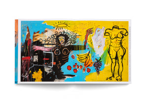 A two-page spread from an art book showing Jean-Michel Basquiat's painting, Untitled (Woman with Roman Torso [Venus]). The vibrant neo-expressionist work features a dark, crudely drawn woman on the left and a headless yellow classical torso on the right. Between them are painted fruits like bananas and grapes against a bright blue and yellow background with a sun at the top. The canvas is filled with energetic brushstrokes, numbers, and paint drips.