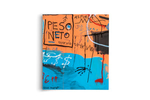 A neo-expressionist painting on a vertical canvas, set against a white background. The canvas is split, with an orange top half and a vibrant blue bottom half. The orange section contains black, raw lettering like PESO NETO inside a box, and various other scribbles. The blue section features white, spray-painted dollar signs, messy brushstrokes, and the words GOLD TEETH at the lower left. The overall style is energetic and reminiscent of street art.