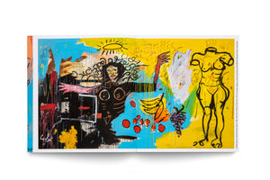 An open art book displays a vibrant, two-page spread of Jean-Michel Basquiat's neo-expressionist painting. On a bright yellow and blue background, a dark, abstract figure with wild hair stands on the left, while a headless, yellow female torso outlined in black is on the right. The chaotic composition includes drawings of fruit, a sun, and various numbers and scribbles.