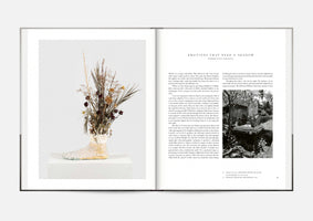 A flat-lay view of an open art book. The left page features a full-page color photograph of a sculpture; a boot-shaped vase covered in crystals holds an arrangement of dried flowers and twigs. The right page displays an essay titled Emotions That Need a Shadow, next to a small black and white photo of a weathered stone shrine in a lush, outdoor setting.