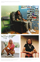 A page layout with three color photographs of young Black drill artists. The large top photo shows rapper B-Lovee sitting in a black armchair in a room with photos taped to the wall. Below are two smaller photos: on the left, Kenzo B with long pink hair crouches outside, and on the right, Young Devyn leans against an orange railing.