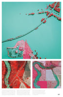 A page layout featuring three aerial, false-color infrared photographs of flooded areas. In the large top image, a bridge crosses a vast turquoise body of water, with surrounding vegetation appearing bright pink. Two smaller images below show meandering turquoise rivers flowing through a patchwork of red and pink agricultural fields and landscapes.