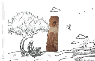 A mixed-media collage by Mohamed Mahdy. A black-and-white line drawing of a landscape shows a person in a hijab reading under a large tree on the left and a sun rising over hills on the right. In the center, a torn, vertical color photograph of a young man in a plaid skirt and white shirt is inserted, creating a window into another reality.