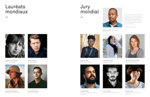 A page in French showing headshots of people in two columns. On the left, under the heading Lauréats mondiaux, are four winners: Evgeniy Maloletka, Mads Nissen, Anush Babajanyan, and Mohamed Mahdy. On the right, under the heading Jury mondial, are seven jury members: Brent Lewis, Angela Jimu, Hideko Kataoka, Kateryna Radchenko, Tomás Ayuso, Felipe Dana, and Maika Elan.