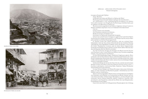 A two-page spread from a book with German text on the right. On the left are two historical, black-and-white photographs of Tbilisi, Georgia, from around 1900. The top image is a panoramic view of the city at the base of a mountain. The bottom image shows a bustling street scene at a caravanserai with a camel, people in traditional dress, and buildings with ornate balconies.