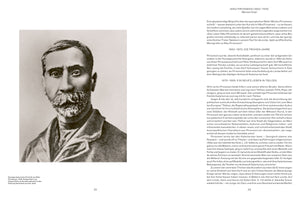 A two-page spread from a publication about the artist Niko Pirosmani. The left page features a black-and-white photographic portrait of a man with dark hair and a thick mustache. The right page contains his biography written in German.