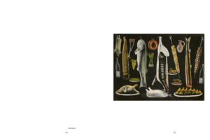 A still life painting in a naive style against a black background, depicting a lavish spread of food. The composition includes several large, whole fish, one cut open to reveal its skeleton, a roasted chicken, a suckling pig, meat skewers, bottles of wine, hanging game, and various fruits and vegetables.