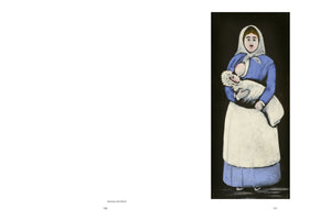 A two-page book spread. The left page has the German text Amme mit Kind. The right page features a folk art-style painting of a woman standing against a black background. She wears a white headscarf, a blue top, and a white apron, and is breastfeeding a swaddled baby in a bonnet.