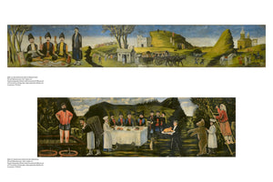 Two horizontal Georgian folk art paintings are displayed one above the other. The top painting shows men in traditional dress having a picnic in a sprawling rural landscape with a village and a church. The bottom painting depicts a feast during the wine harvest, with a man treading grapes, a group dining outdoors, and a person in a bear costume walking with a child.