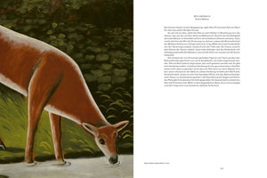 An open art book page. On the left is a painting of a reddish-brown doe bending down to drink from a stream in a dark, leafy forest. On the right page is a block of German text with the heading REH AM BACH.