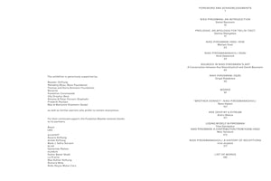 An open book showing two pages. The right page is a table of contents for a publication about the artist Niko Pirosmani, listing various essays, authors, and page numbers. The left page lists supporters and partners for an exhibition, with names of foundations and corporations.