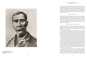 A two-page book spread about the Georgian artist Niko Pirosmani. The left page features a large, black and white portrait of Pirosmani, a man with dark hair, a thick mustache, and a goatee. The right page contains a biography of the artist, with the heading NIKO PIROSMANI (1862-1918) by Mariam Dvali.
