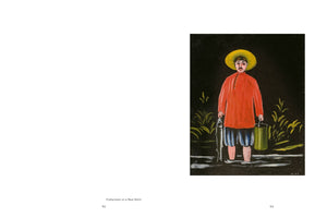 A two-page book spread showing a painting on the right page, titled Fisherman in a Red Shirt on the left. The painting depicts a man with a mustache in a yellow hat, red shirt, and blue pants standing in water. He holds a fish in one hand and a green bucket in the other against a black background.