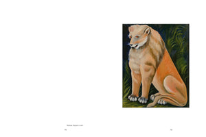 A two-page spread from a book. The right page features a stylized painting of a muscular, golden-yellow lion sitting upright against a dark, leafy background. The lion has large paws and glowing orange eyes. The text on the page below the image reads Yellow Sejant Lion.