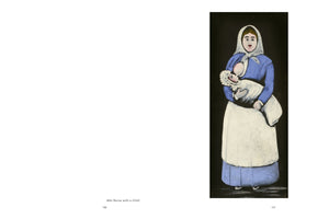A two-page book spread. The right page features a folk art style painting of a woman standing against a black background. The woman wears a blue dress, a white apron, and a white headscarf, and she is breastfeeding a baby swaddled in a white blanket and bonnet. The left page is mostly blank, with the caption, Wet Nurse with a Child, at the bottom.