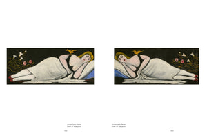 An open book spread displays two nearly identical paintings, halves of a diptych titled Ortachala Belle. Each folk art-style painting features a reclining woman with fair skin and blonde hair on a pillow against a black background. She looks forward, a small yellow bird perched on her shoulder. She wears a black top and red shoes, covered by a white sheet, with white lilies and pink roses near her feet.