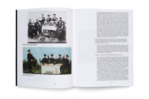 An open art book displays a two-page spread. The left page compares a historical black-and-white photograph of Georgian musicians at a feast with a colorful painting of a similar scene by Pirosmani below it. The right page features two columns of text discussing the artwork.