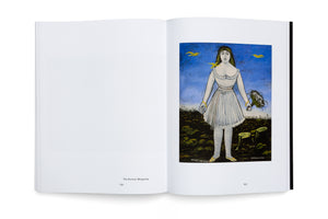A photograph of an open art book. The left page is mostly blank, with the text The Actress Margarita and page number 152. The right page features a naive-style painting of a woman in a white dress and striped leggings, holding a bouquet of flowers in a field. Three yellow birds fly in the blue sky behind her, with one perched on her shoulder.
