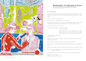 A two-page book spread. On the left is a colorful, stylized illustration by Mariola Brillowska showing two figures in a radio studio, one placing an object on the other's tongue. On the right is the text for a radio play titled Borderadio, subtitled Conceptual inquiries about ownership of the airwaves.