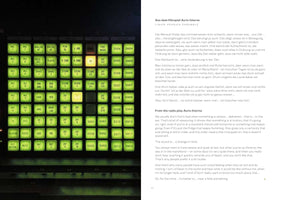 A page from a publication with a two-column layout. On the left is a close-up photograph of a dark audio mixing board with many rows of square, green-lit buttons with white labels. On the right, there is text from the radio play Auris Interna, presented in both German and English.