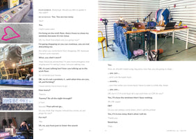 A two-page spread from a publication. The text is a script of a conversation between a Performer and a Neighbour about the Performer being too noisy. On the left is a vertical column of five photos showing street art and an ON AIR sign. On the right is a large photo of a makeshift radio studio with a cluttered table, laptops, microphones, and a rack of clothes.