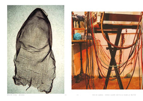 A diptych on a page spread from a book. On the left, a piece of black, translucent fabric is printed with the swirling pattern of a large fingerprint against a grainy background. On the right, a chaotic tangle of red and black wires hangs from electronic equipment on a stand, with a ball of blue yarn sitting on a small table beside it.
