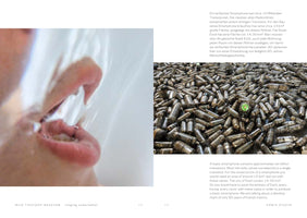 A two-page spread from a book. On the left page is a close-up, distorted photograph of a person's face singing underwater. On the right page is a photograph of a large, dense pile of old vacuum tubes. Text in German and English on the right compares the physical size of old radio tubes to the number of transistors in a modern smartphone.