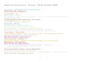 A page listing the artists for the Radio Art Zone event, from 18 June to 25 September 2022. The list of names and titles is written in a variety of soft colors, creating a vertical rainbow gradient effect against a plain white background. Page numbers 228 and 229 are at the bottom.