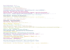 A two-page spread from a book, showing a table of contents or index against a plain white background. The text, which lists names, titles, and page numbers, is styled with a soft, multicolored gradient that transitions from purple and blue to green and yellow.