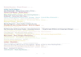 A table of contents on a plain white background. The text is arranged in two columns, listing artists, titles, and corresponding page numbers. The text itself has a subtle color gradient, shifting from purple and green at the top down to yellow and orange at the bottom.