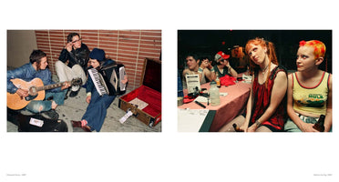 A diptych of two color photographs from 1997. The image on the left, titled Sidewalk Music, shows three young people busking on a sidewalk with a guitar and an accordion. The image on the right, titled Before the Gig, shows two women with punk hairstyles sitting at a table in a dimly lit club.