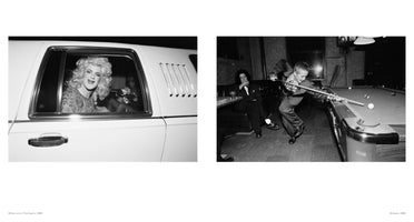 A black and white diptych. On the left, a person in a large, curly blonde wig and makeup smiles while looking out the window of a white limousine. On the right, a young boy in a shiny suit leans over a pool table, aiming a cue stick to take a shot.